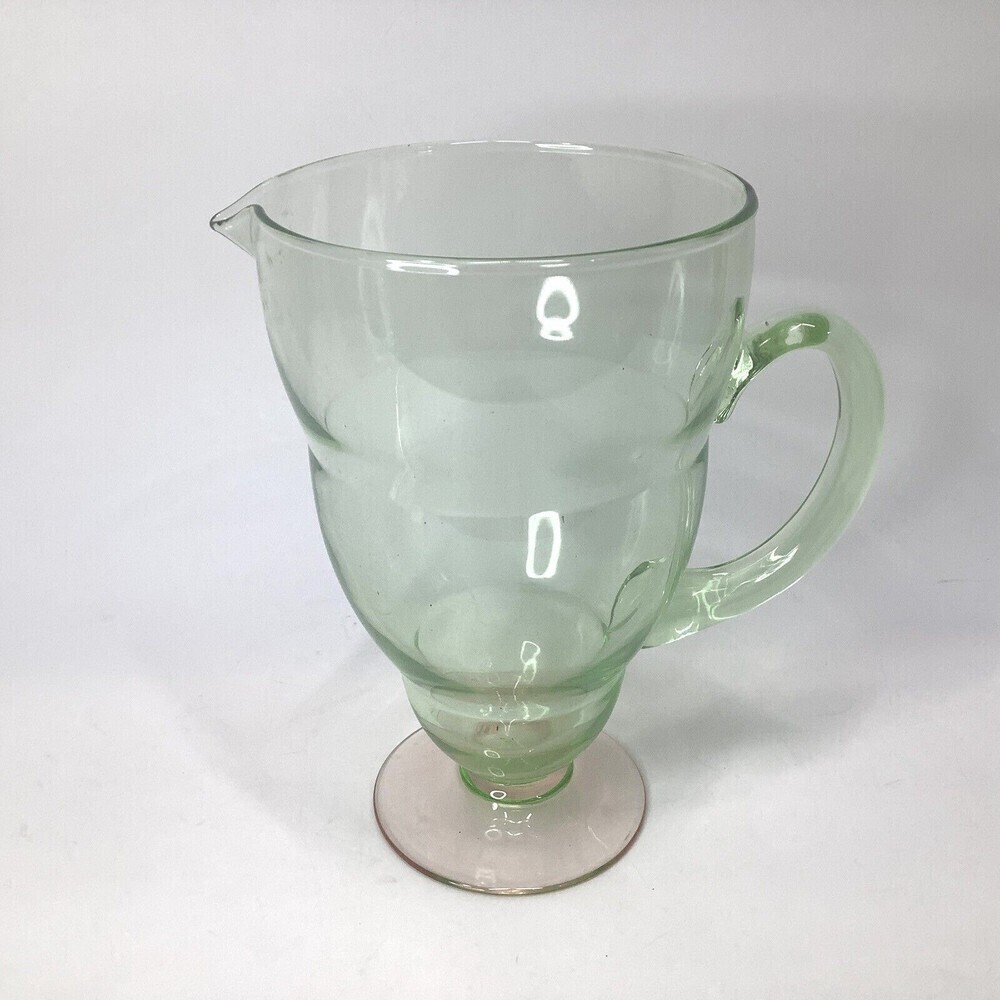 VINTAGE Tiffin Watermelon Glass Light Green and Pink Pitcher 8" Handle 40 oz